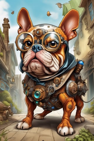 Cute, plump, little, furry, futuristic bulldog-like creature. steampunk style. wearing a purple patched leather trench coat peeks walking through an alley of a busy City Street in a futuristic hidden kingdom in the background. Kind eyes, funny smirk, Tim Burton, Jason Middlebrook, Artur Bordalo, Toshie Kawamura, Brian Froud, symmetry, divine ratio, complex, chiaroscuro, luminism,  intricate colored pencil and ink illustration, thin lines, vivid colors, sharp focus, detailed features, crisp insanely detailed faces, ultra-detailed, concept art, trending on artstation, sharp focus, intricate details, highly detailed. By aruffo3, steampunk style,steampunk,Leonardo Style,vector art illustration