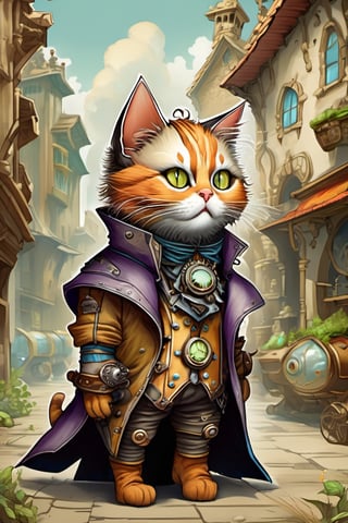 Cute plump little furry futuristic cat-like creature. steampunk style. wearing a purple leather trench coat peeks out from the alley of a busy City Street in a futuristic hidden kingdom in the background. Kind eyes, funny smirk, Tim Burton, Jason Middlebrook, Artur Bordalo, Toshie Kawamura, Brian Froud, symmetry, divine ratio, complex, chiaroscuro, luminism,  intricate colored pencil and ink illustration, thin lines, vivid colors, sharp focus, detailed features, crisp | insanely detailed faces, ultra-detailed, concept art, light leaks, Tenebrism,  trending on artstation, sharp focus, intricate details, highly detailed. By aruffo3,steampunk style,steampunk,Leonardo Style