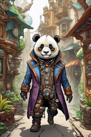 Cute, plump, little, furry, futuristic panda-like creature. steampunk style. wearing a purple leather trench coat peeks walking through an alley of a busy City Street in a futuristic hidden kingdom in the background. Kind eyes, funny smirk, Tim Burton, Jason Middlebrook, Artur Bordalo, Toshie Kawamura, Brian Froud, symmetry, divine ratio, complex, chiaroscuro, luminism,  intricate colored pencil and ink illustration, thin lines, vivid colors, sharp focus, detailed features, crisp insanely detailed faces, ultra-detailed, concept art, trending on artstation, sharp focus, intricate details, highly detailed. By aruffo3, steampunk style,steampunk,Leonardo Style,vector art illustration