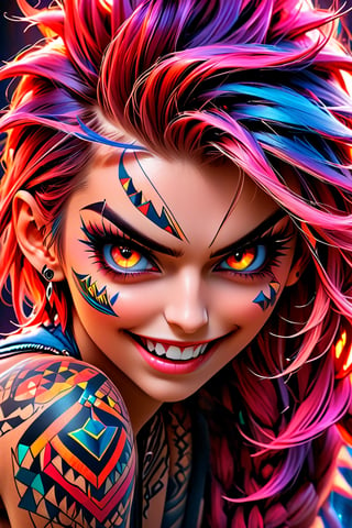 pretty girl, ((face tattooed with geometric patterns)), colorful eyes, hyper realistic masterpiece whith luminous gold and white colors, beautiful 3d realistic anime woman, perfect face, smoky dark atmosphere, hyper realistic masterpiece, hyper realistic 3d anime vampire woman, (showing big fangs) (cute smile), dressed in black and red, ((luminous white hair)), (pale white skin), visible particles, light from behind, hyper realistic detailed lighting, hyper realistic shadows hyper realistic masterpiece, high contrast, sharp focus, digital painting, digital art, clean art, contrast color, contrast, deep intense color, studio lighting, dynamic light, deliberate, concept art, high contrast light, strong backlight, hyper detailed, super detailed 