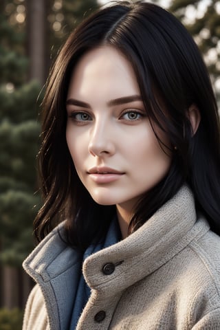 woman. beautiful detailed face, black hair, pale skin, light skin, realistic skin, detailed fabric texture, detailed hair texture, perfect proportion, accurate, anatomically correct, highly detailed skin and face texture, modern, photorealistic, perfect face, hyper realism, mega realism, high quality. modern style, sweater, jacket, flannel, rock music style