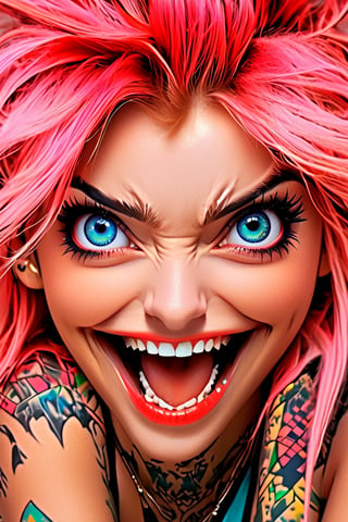 pretty girl, ((face tattooed with geometric patterns)), colorful eyes, hyper realistic masterpiece whith luminous gold and white colors, beautiful 3d realistic anime woman, perfect face, smoky dark atmosphere, hyper realistic masterpiece, hyper realistic 3d anime woman, (showing big fangs) (cute smile), dressed in black and red, ((luminous white hair)), (pale white skin), visible particles, light from behind, hyper realistic detailed lighting, hyper realistic shadows hyper realistic masterpiece, high contrast, sharp focus, digital painting, digital art, clean art, contrast color, contrast, deep intense color, studio lighting, dynamic light, deliberate, concept art, high contrast light, strong backlight, hyper detailed, super detailed 