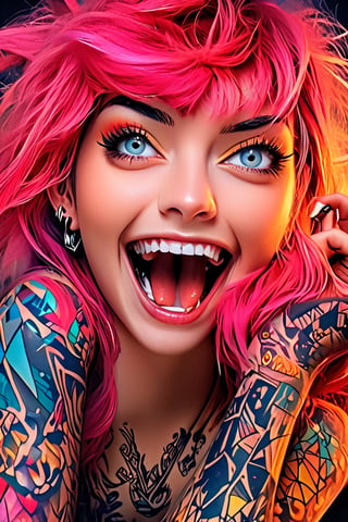 pretty girl, ((face tattooed with geometric patterns)), colorful eyes, hyper realistic masterpiece whith luminous gold and white colors, beautiful 3d hyper realistic anime girl, perfect face, pretty face, smoky dark atmosphere, hyper realistic masterpiece, (showing big fangs) (cute smile), dressed in black and red, ((luminous white hair)), (pale white skin), visible particles, light from behind, hyper realistic detailed lighting, hyper realistic shadows hyper realistic masterpiece, high contrast, sharp focus, digital painting, digital art, clean art, contrast color, contrast, deep intense color, studio lighting, dynamic light, deliberate, concept art, high contrast light, strong backlight, hyper detailed, super detailed 