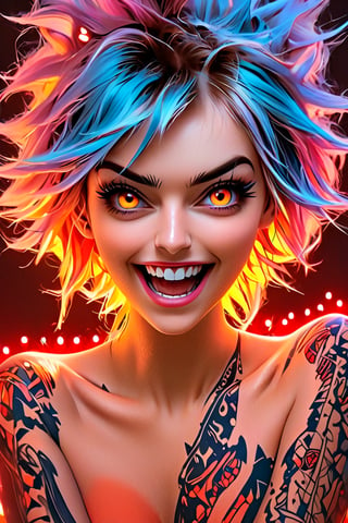 pretty girl, (face tattooed with geometric patterns), colorful eyes, hyper realistic masterpiece whith luminous gold and white colors, beautiful 3d realistic anime woman, perfect face, smoky dark atmosphere, hyper realistic masterpiece, hyper realistic 3d anime vampire woman, (showing teeth and big fangs) (cute smile), dressed in black and red, (luminous white hair), (pale white skin), visible particles, light from behind, hyper realistic detailed lighting, hyper realistic shadows hyper realistic masterpiece, high contrast, sharp focus, digital painting, digital art, clean art, contrast color, contrast, deep intense color, studio lighting, dynamic light, deliberate, concept art, high contrast light, strong backlight, hyper detailed, super detailed 