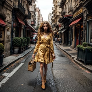 woman walking, red dress, stern expression, pose, bright golden eyes, full body