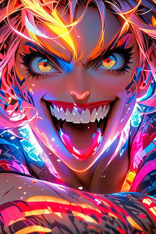 pretty girl, (face tattooed with geometric patterns), colorful eyes, hyper realistic masterpiece whith luminous gold and white colors, beautiful 3d realistic anime woman, perfect face, smoky dark atmosphere, hyper realistic masterpiece, hyper realistic 3d anime vampire woman, (showing teeth and big fangs) (cute smile), dressed in black and red, (luminous platinum white hair), (pale white skin), visible particles, light from behind, hyper realistic detailed lighting, hyper realistic shadows hyper realistic masterpiece, high contrast water pastel color blending, sharp focus, digital painting, pastel blending art, digital art, clean art, contrast color, contrast, colorful, deep intense color, studio lighting, dynamic light, deliberate, concept art, high contrast light, strong backlight, hyper detailed, super detailed