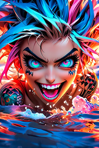 pretty girl, (face tattooed with patterns), colorful eyes, hyper realistic masterpiece in pastel and neon colors, beautiful 3d realistic anime woman, perfect face, smoky atmosphere, hyper realistic masterpiece, hyper realistic 3d anime vampire woman, (showing teeth and big fangs) (cute smile), dressed in black and red, (luminous platinum white hair), (pale white skin), visible particles, light from behind, hyper realistic detailed lighting, hyper realistic shadows hyper realistic masterpiece, high contrast water pastel color blending, sharp focus, digital painting, pastel blending art, digital art, clean art, contrast color, contrast, colorful, deep intense color, studio lighting, dynamic light, deliberate, concept art, high contrast light, strong backlight, hyper detailed, super detailed