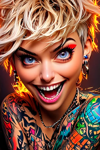 pretty girl, ((face tattooed with geometric patterns)), colorful eyes, hyper realistic masterpiece whith luminous gold and white colors, beautiful 3d realistic anime woman, perfect face, smoky dark atmosphere, hyper realistic masterpiece, hyper realistic 3d anime woman, (showing big fangs) (cute smile), dressed in black and red, ((luminous white hair)), (pale white skin), visible particles, light from behind, hyper realistic detailed lighting, hyper realistic shadows hyper realistic masterpiece, high contrast, sharp focus, digital painting, digital art, clean art, contrast color, contrast, deep intense color, studio lighting, dynamic light, deliberate, concept art, high contrast light, strong backlight, hyper detailed, super detailed 