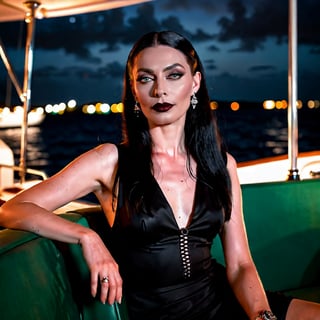 nsfw, soft focus, low saturation, low contrast, low diffused lighting, photorealistic, highest resolution possible, captured with Canon R5 and 300mm lens at f/8. Night has come in Jamaica. full length portrait of young Morticia Addams relaxing on a luxury yacht. She is glamorous, strong on this beautiful Caribbean evening. Her skin is not shiny or glossy. 

High resolution, high color, 