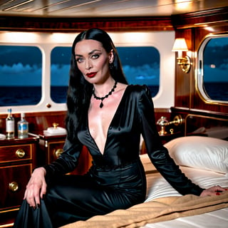 nsfw, soft focus, low saturation, low contrast, low diffused lighting, photorealistic, highest resolution possible, captured with Canon R5 and 300mm lens at f/8. Night has come in Jamaica. full length portrait of young Morticia Addams relaxing in her stateroom on a luxury yacht. She is glamorous, strong on this beautiful Caribbean evening. Her skin is not shiny or glossy. 

High resolution, high color, 