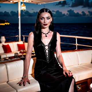 nsfw, soft focus, low saturation, low contrast, low diffused lighting, photorealistic, highest resolution possible, captured with Canon R5 and 300mm lens at f/8. Night has come in Jamaica. full length portrait of young Morticia Addams relaxing with a cocktail on a luxury yacht. She is glamorous, strong on this beautiful Caribbean evening. Her skin is not shiny or glossy. 

High resolution, high color, 