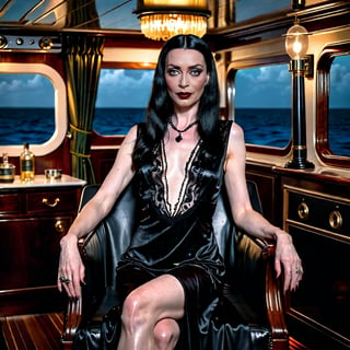 nsfw, soft focus, low saturation, low contrast, low diffused lighting, photorealistic, highest resolution possible, captured with Canon R5 and 300mm lens at f/8. Night has come in Jamaica. full length portrait of young Morticia Addams relaxing in her stateroom on a luxury yacht. She wears a black negligee. She is glamorous, strong on this beautiful Caribbean evening. Her skin is not shiny or glossy. 

High resolution, high color, 