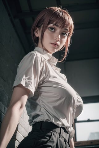  Low Angle from ((below angle)), Masterpiece, dominating girl, 1girl, in white casual shirt,tight shirt,  large breast, in black cotton (tight) trousers, looking at viewer,biting lips, highly attractive,S shaped body,sexy pose,tight buttons,(perfecteyes) , showcasing to the viewer, (sexy) , large breast,makima boobs\(chainsaw man\), glowing golden eyes,