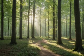 a serene woodland scene with tall trees and dappled sunlight filtering through the leaves