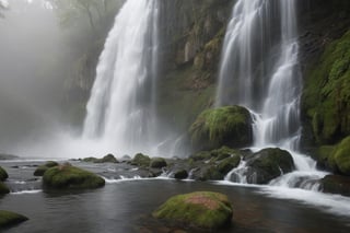 cascading waterfall shrouded in mist with water tumbling down in a mesmerizing display