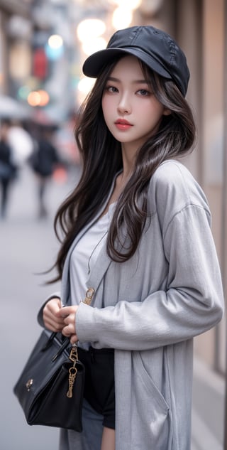 fashion week, photography, model with white curly hair, the girl has a refined face, big eyes, plump lips and a small nose, tall and thin, bright makeup, voluminous clothes, bright colors, casual clothes, cap, hat, shopper bag