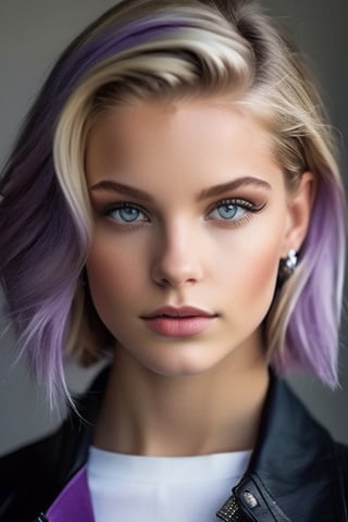 Caucasian girl with photorealistic features. The dynamic view captures the essence of a confident and stylish teen girl. She is shown in a full body shot, highlighting her youthful appearance at 16 years old. Her beautiful detailed eyes draw attention and add depth to the image. The photo is of the best quality, showcasing highly detailed features. She stands solo, wearing gloves and with her hair slicked back into a long and flowing style. Adorned with jewelry, she wears a skirt that exposes her navel and is paired with thigh-highs. Her outfit is completed with earrings and elbow gloves, reminiscent of the Team Rocket uniform. Her crop top emphasizes her midriff, and her blue eyes captivate the viewer. The white background provides a clean and minimalist backdrop, allowing the focus to remain on the subject. A belt and black gloves add a touch of sophistication to her ensemble. Her very long hair cascades down, creating a striking contrast against the simple background. With a warm and genuine smile, she looks directly at the viewer, establishing a connection. Black thigh-highs and purple hair further enhance her unique style. The combination of a white skirt and miniskirt adds a playful touch to the overall look. The photo exudes a sense of confidence and allure, with her exposed thighs adding an element of sensuality. The image is incredibly realistic, capturing even the smallest details, including her short hair.