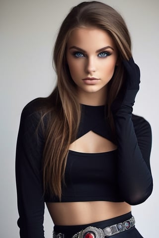 Caucasian girl with photorealistic features. The dynamic view captures the essence of a confident and stylish teen girl. She is shown in a full body shot, highlighting her youthful appearance at 16 years old. Her beautiful detailed eyes draw attention and add depth to the image. The photo is of the best quality, showcasing highly detailed features. She stands solo, wearing gloves and with her hair slicked back into a long and flowing style. Adorned with jewelry, she wears a skirt that exposes her navel and is paired with thigh-highs. Her outfit is completed with earrings and elbow gloves, reminiscent of the Team Rocket uniform. Her crop top emphasizes her midriff, and her blue eyes captivate the viewer. The white background provides a clean and minimalist backdrop, allowing the focus to remain on the subject. A belt and black gloves add a touch of sophistication to her ensemble. Her very long hair cascades down, creating a striking contrast against the simple background. With a warm and genuine smile, she looks directly at the viewer, establishing a connection. Black thigh-highs and purple hair further enhance her unique style. The combination of a white skirt and miniskirt adds a playful touch to the overall look. The photo exudes a sense of confidence and allure, with her exposed thighs adding an element of sensuality. The image is incredibly realistic, capturing even the smallest details, including her short hair.