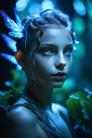 Cinematic of fairy girl, small_nose, realistic artwork, high detailed, professional, upper body photo of a transparent porcelain cute creature looking at viewer, with glowing backlit panels, anatomical plants, dark forest, grainy, shiny, with vibrant colors, colorful, ((realistic skin, glow,)) surreal objects floating, ((floating:1.4)), contrasting shadows, photographic, niji style, 1girl, xxmixgirl, FilmGirl, aura_glowing, colored_aura, Movie Still, final_fantasy_vii_remake