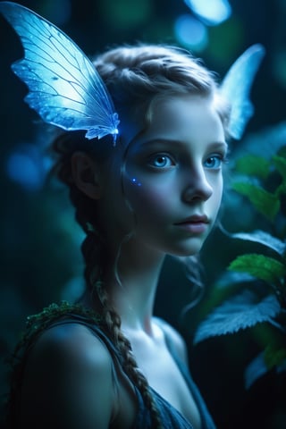 Cinematic of fairy girl, small_nose, realistic artwork, high detailed, professional, upper body photo of a transparent porcelain cute creature looking at viewer, with glowing backlit panels, anatomical plants, dark forest, grainy, shiny, with vibrant colors, colorful, ((realistic skin, glow,)) surreal objects floating, ((floating:1.4)), contrasting shadows, photographic, niji style, 1girl, xxmixgirl, FilmGirl, aura_glowing, colored_aura, Movie Still, final_fantasy_vii_remake