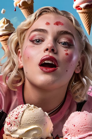 Margot Robbie as Harley Quinn laying down on a big pile of ice creams, relieved, messy hair, ((closeup)), best quality, ultra realistic, photorealistic, a lot of ice creams everywhere, (bare shoulders), narrow shoulders, sticking_out_tongue