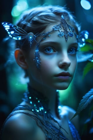 Cinematic of fairy girl, small_nose, realistic artwork, high detailed, professional, upper body photo of a transparent porcelain cute creature looking at viewer, with glowing backlit panels, anatomical plants, dark forest, grainy, shiny, with vibrant colors, colorful, ((realistic skin, glow,)) surreal objects floating, ((floating:1.4)), contrasting shadows, photographic, niji style, 1girl, xxmixgirl, FilmGirl, aura_glowing, colored_aura, Movie Still, final_fantasy_vii_remake