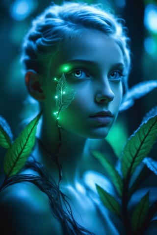 Cinematic of fairy girl, small_nose, realistic artwork, high detailed, professional, upper body photo of a transparent porcelain cute creature looking at viewer, with glowing backlit panels, anatomical plants, dark forest, grainy, shiny, with vibrant colors, colorful, ((realistic skin, glow,)) surreal objects floating, ((floating:1.4)), contrasting shadows, photographic, niji style, 1girl, xxmixgirl, FilmGirl, aura_glowing, colored_aura, Movie Still, final_fantasy_vii_remake