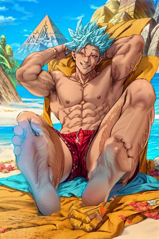 (perfect anatomy,  perfect feet:1.3),  1boy,  swimming trunks,  two feet up,  (focus on feet),  sitting on towel,  looking at viewer,  smiling,  sexy,  beach, desert,  pyramid,  perfect,  finely detailed,  high-detail,  masterpiece,1 girl