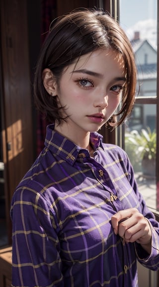 a portrait of 18 yo woman, ((Small Breasts:0.8)), ((Cara Delevingne:0.3), (Kasumi Arimura:0.7)), (hi-top fade:1.3), soothing tones, muted colors, high contrast, (natural skin texture, hyperrealism, soft light, sharp), ((((A Purple Flannel Tunic,)),realhands,,Hori,better_hands,1 girl