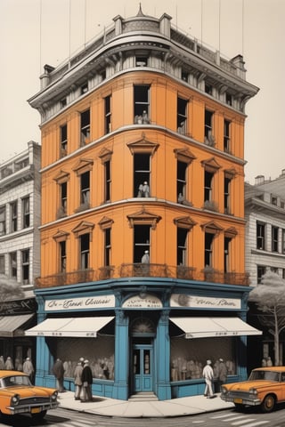 detailed pen and ink illustration of a building in NYC, by Herge, in the style of tin-tin comics, vibrant colors, detailed, lots of people, sunny day, busy neighborhood