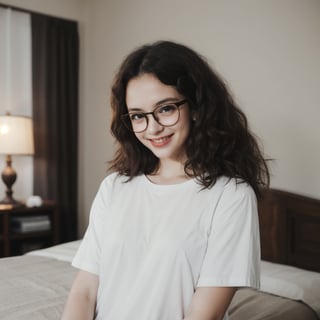 A tender moment in a cozy bedroom setting, a petite girl with messy hair, eye glasses perched on her nose, and a baggy shirt adorned with a sweet smile that lights up the space. Her facial features radiate beauty and cuteness, as if captured in a snapshot of pure joy. The soft focus and fine details bring an Extremely Realistic aesthetic to this Expressive portrait, inviting the viewer into her intimate world.