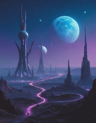 cinematic photography: street view from a distant alien planet, where a sprawling colony of towering structures stretches towards the sky, evoking feelings of vertigo. Strange stars and multiple moons hang low in the horizon, casting an otherworldly violet glow over the landscape. The composition guides the viewer's eye up the structures, emphasizing their grandeur. Shining chrome glowing electric blue lights