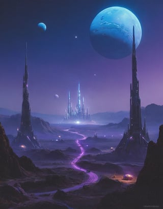 cinematic photography: street view from a distant alien planet, where a sprawling colony of towering structures stretches towards the sky, evoking feelings of vertigo. Strange stars and multiple moons hang low in the horizon, casting an otherworldly violet glow over the landscape. The composition guides the viewer's eye up the structures, emphasizing their grandeur. Shining chrome glowing electric blue lights