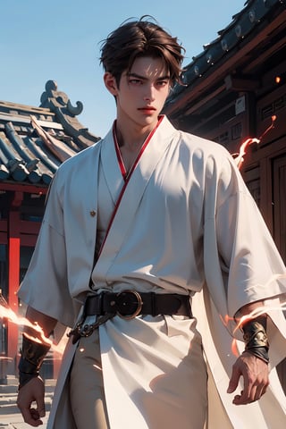 (1boy), red eyes, medium shot, official art, distant traditional Chinese buildings in the background, standing pose, (battle robe, elegant robe, dark brown belt, gauntlet), (white robe, red edges, unbuttoned:1.2), (energy aura:1.4), short hair, brown hair, pigtail, solo, very detailed, (masterpiece, top quality, best quality, photorealistic, high resolution, ultra high quality), volumetric lighting, precise depiction, wrenchftmfshn,wrenchftmfshn