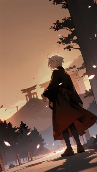 rating:safe, red_sky, 1boy, sky, solo, torii, red_theme, standing, small_hair, outdoors, scenery, petals, mountain, from_behind, sun, dutch_angle, skirt, long_sleeves, tree, depth_of_field, glowing white hair, white glowing eyes, global shadows