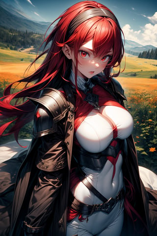 Masterpiece, Best quality, High resolutions, girl, long red hair, a headband, (large chest) chest 50 cm, protective chest armor, white skin, very sexy, beautiful red eyes, noble hunter girl clothes, clothing white, brown pants, a dark coat, a combination of a meadow background,eris_greyrat