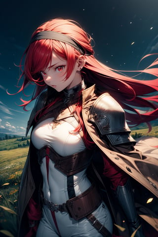 Masterpiece, Best quality, High resolutions, girl, long red hair, a headband, (large chest) chest 50 cm, protective chest armor, white skin, very sexy, beautiful red eyes, noble hunter girl clothes, clothing white, brown pants, a dark coat, a combination of a meadow background,eris_greyrat