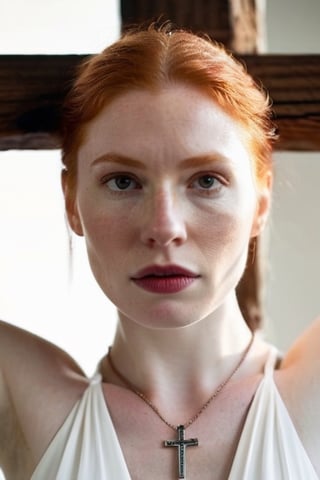 Close up portrait of a young pale Scottish ginger woman crucifixion, upper-body view, wearing white sleeveless dress