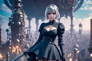 A beautiful 2B Nier Automata. splash art, fractal art, colorful, a winner photo award, detailed photo, Arnold render, 16K full battle woman with silver head in a steampunk landscape remove watermarks ((big boobs)) ((big ass)) ((long sword)) ((black skirt)) ((pod))