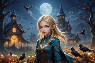 Zelda from The Legend of Zelda in a halloween monster female scarecrow, cute_fang, surrounded by crows, on a farm outside at night, farmhouse in the background, fantasy magic, undercut hairstyle, dark light night, intricate, elegant, sharp focus, illustration, highly detailed, digital painting, concept art, matte, art by wlop and artgerm and greg rutkowski and alphonse mucha, masterpiece ,monster, elf_ears, blond_hair, blue_eyes