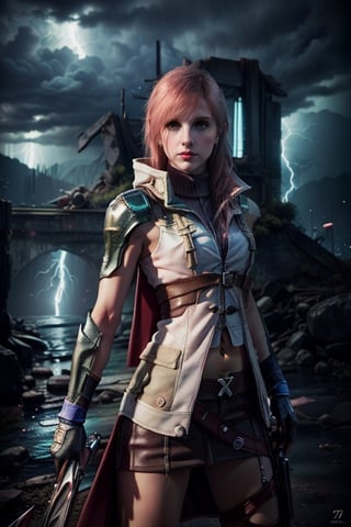 (8k, RAW photo, photorealistic:1.25), ( lipgloss, eyelashes, gloss-face, glossy skin, best quality, ultra highres, depth of field, chromatic aberration, caustics, Broad lighting, natural shading, cowboy shot, solo, 1girl, lightning farron, expressionless, closed mouth, sleeveless, shoulder armor, cape, skirt, gloves, green eyes, hayley williams, america girls, Thin eyebrows, Stressed face, pink_hair, Lightning hair, action poses, full_body, Final Fantasy XIII, Lightning Gunblade, NO_HUMANS RUINS SPACE GLOWING TANABATA T, perfecteyes, lightning farron, ff8bg, effect perfect, fighters