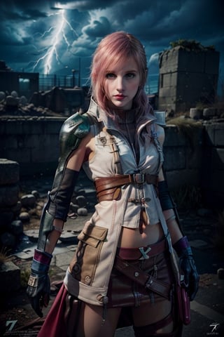 (8k, RAW photo, photorealistic:1.25), ( lipgloss, eyelashes, gloss-face, glossy skin, best quality, ultra highres, depth of field, chromatic aberration, caustics, Broad lighting, natural shading, cowboy shot, solo, 1girl, lightning farron, expressionless, closed mouth, sleeveless, shoulder armor, cape, skirt, gloves, green eyes, hayley williams, america girls, Thin eyebrows, Stressed face, pink_hair, Lightning hair, action poses, full_body, Final Fantasy XIII, Lightning Gunblade, NO_HUMANS RUINS SPACE GLOWING TANABATA T, perfecteyes, lightning farron, ff8bg, effect perfect, fighters, attack