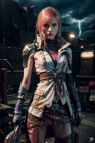 (8k, RAW photo, photorealistic:1.25), ( lipgloss, eyelashes, gloss-face, glossy skin, best quality, ultra highres, depth of field, chromatic aberration, caustics, Broad lighting, natural shading, cowboy shot, solo, 1girl, lightning farron, expressionless, closed mouth, sleeveless, shoulder armor, cape, skirt, gloves, green eyes, hayley williams, america girls, Thin eyebrows, Stressed face, pink_hair, Lightning hair, action poses,full_body, Final Fantasy XIII, Lightning Gunblade, perfecteyes,lightning farron,ff8bg,sleeveless