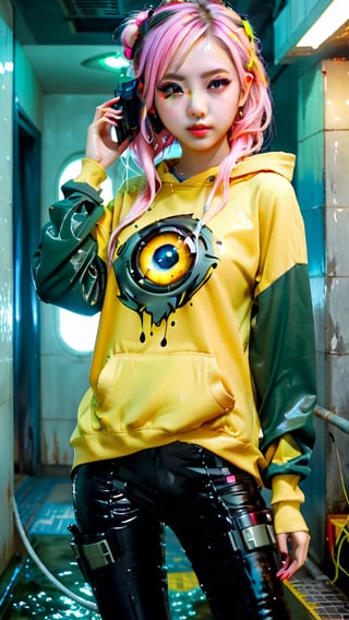 1girl, most beautiful korean girl, Korean beauty model, stunningly beautiful girl, gorgeous girl, 20yo, over sized eyes, big eyes, smiling, looking at viewer, dark gothic cyberpunk woman, defiant face, pastel colors, in clothes, colorful hair, light yellow sweatshirt, pants, black, with pink, guns hd, high detail, huoshen, TheLastOfUs, mgln,masterpiece, wet clothes, wet hair, wet skin, 
