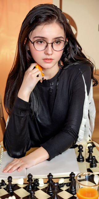 professional studio photograph, highly detailed, hyper realistic, masterpiece, 1girl, 19yo, long black hair, straighten hair, bangless, round glasses, wearing preppy long sleeve shirts, sitting at a table, a chess board, chess pieces, a glass of orange juice, a stack of notebooks, dutch angle, soft focus, cinematic lighting, Masterpiece,Enhanced Reality,(soakingwetclothes, wet clothes, wet hair, wet. soaked, )