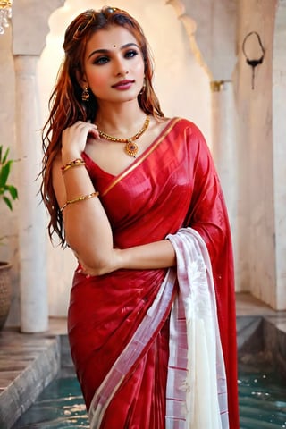 score_9,score_8_up,score_7_up, photorealistic , shot of a confident wet red-haired, portrait of an beautiful russian woman in saree, wet designed saree,  designer saree, white tiled background,  perfect hands highly detailed,detailed skin,highly detailed face and eyes,detailed face, detailed nose, detailed eyes,depth of field,film grain,backlighting, Neutral-Density-Filter, flawless clarity, brightly lit,,crystalz,Decora_SWstyle,art_booster, ((russian, ocaen shade patterened saree, wet clothes, wet hair, wet skin, wet_clothes, soaked hair, drenched hair, necklace, bracelet, wet clothes cling to body, wet clothes pattern, soakingwetclothes:1.3)),beautiful,indian,saree influencer,saree model,ultra realistic,real face