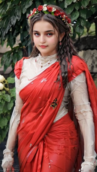 a slim german woman in a red saree and a flower crown on her head, shawl on her arms, , inspired by Lucas Cranach the Elder, inspired by Agnolo Bronzino, inspired by Dino Valls, inspired by Hendrik Goltzius, inspired by Parmigianino, inspired by Sofonisba Anguissola, inspired by Lucas Cranach the Younger,soakingwetclothes, wet clothes, wet hair, in water,indian