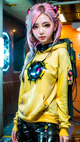 1girl, most beautiful korean girl, Korean beauty model, stunningly beautiful girl, gorgeous girl, 20yo, over sized eyes, big eyes, smiling, looking at viewer, dark gothic cyberpunk woman, defiant face, pastel colors, in clothes, colorful hair, light yellow sweatshirt, pants, black, with pink, guns hd, high detail, huoshen, TheLastOfUs, mgln,masterpiece, wet clothes, wet hair, wet skin, 
