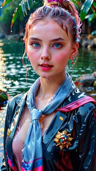 heavy rain, A mesmerizing, ultra-realistic 8K photo captures the essence of a young woman dressed in a British school uniform, draped with a shawl, wearing a wet and glistening pink ponytail hairstyle. The subject exudes a charming wet smile as she dons a woolen scarf, wet tight jacket, and a wet shawl, all set against a cinematic backdrop. The model's icy eyes and pale wet skin contrast with her ruby wet necklace and bracelet, creating a captivating visual. This stunning masterpiece, with its high contrast and vibrant color, is rendered with exquisite details and textures in a cinematic shot, showcasing the artist's exceptional skill. The image is bathed in warm tones, with a bright and intense atmosphere, and is trending on ArtStation, making it a standout piece