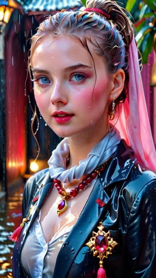 heavy rain, A mesmerizing, ultra-realistic 8K photo captures the essence of a young woman dressed in a British school uniform, draped with a shawl, wearing a wet and glistening pink ponytail hairstyle. The subject exudes a charming wet smile as she dons a woolen scarf, wet tight jacket, and a wet shawl, all set against a cinematic backdrop. The model's icy eyes and pale wet skin contrast with her ruby wet necklace and bracelet, creating a captivating visual. This stunning masterpiece, with its high contrast and vibrant color, is rendered with exquisite details and textures in a cinematic shot, showcasing the artist's exceptional skill. The image is bathed in warm tones, with a bright and intense atmosphere, and is trending on ArtStation, making it a standout piece